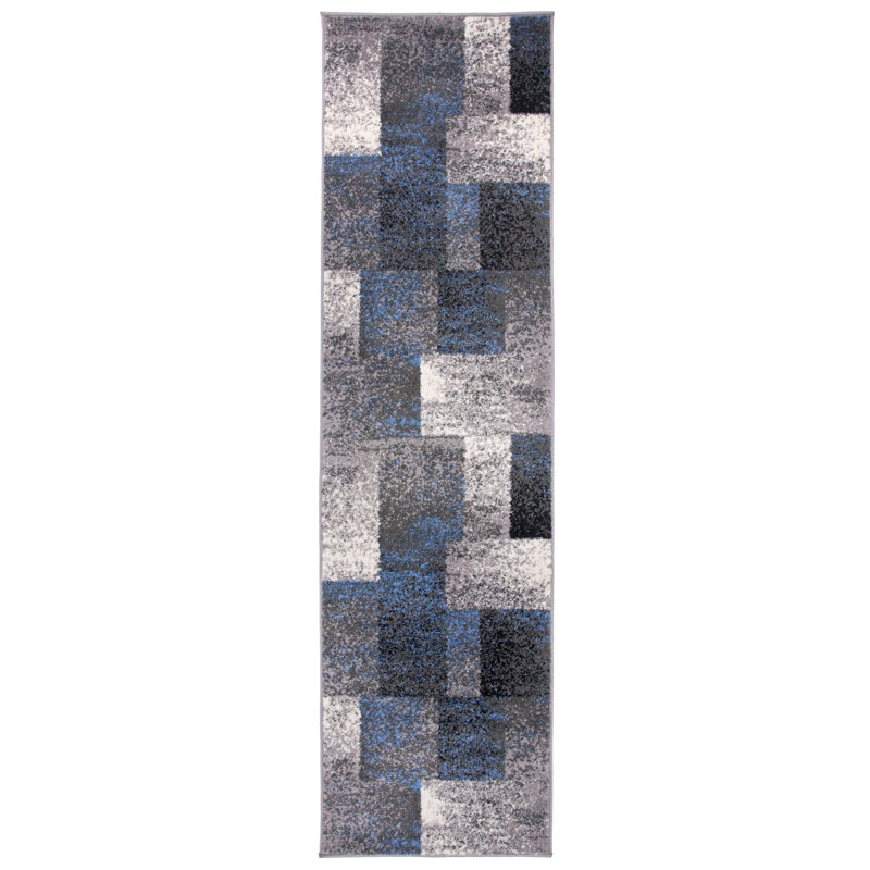 Damarus Geometric Blue/Ivory/Gray Area Rug, Runner 2' x 7'