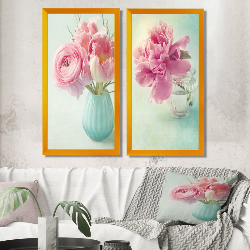 Fleurs de pivoines roses dans un vase - Ensemble de 2 peintures sur toiles, H 32 po x l 32 po x P 1 po, Cadre photo doré