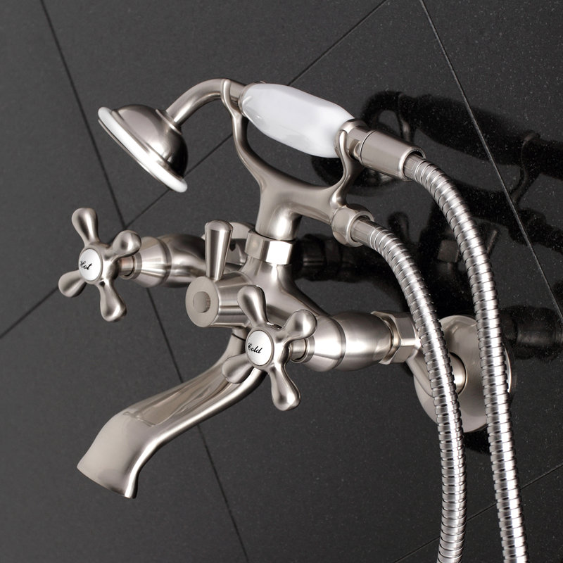 Kingston Brass Kingston Three-Handle 2-Hole Tub Wall Mount Clawfoot Tub Faucet with Hand Shower, Brushed Nickel