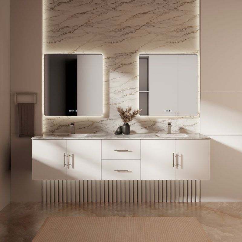 Geneva 80" Wall-Mounted Double Bathroom Vanity Set, Glossy White, White Carrara Marble