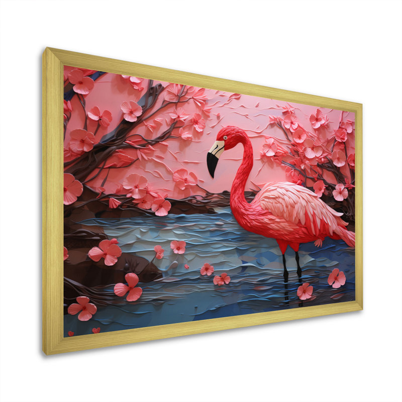Flamant rose Elegance III - imprimé, Cadre doré simple, H 24 po x l 32 po x P 1 po