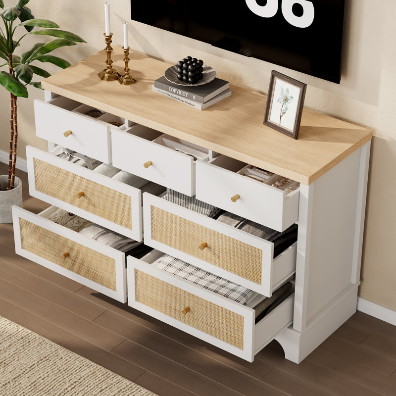 7 Drawers Dresser for Bedroom, Natural Rattan Modern Wood Dressers & Chest of Drawers for Clothes, Wide Storage Dressers Organizer w/Deep Drawers & Metal Handles for Living Room, Closet, Hallway