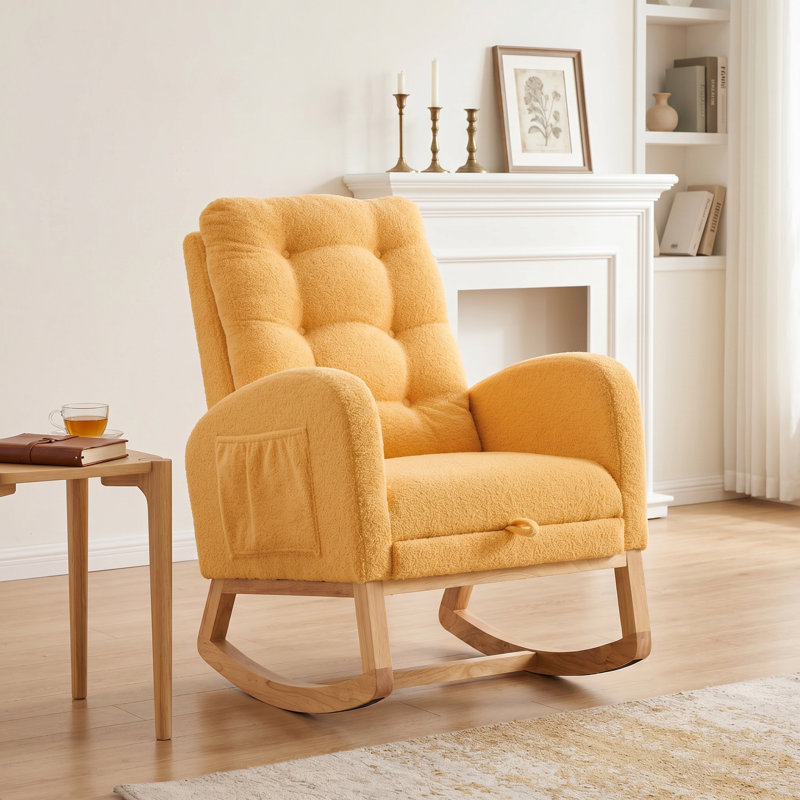 Chaise berçante d'appoint rembourrée à haut dossier avec repose-pieds et poche de rangement pour le salon, Jaune