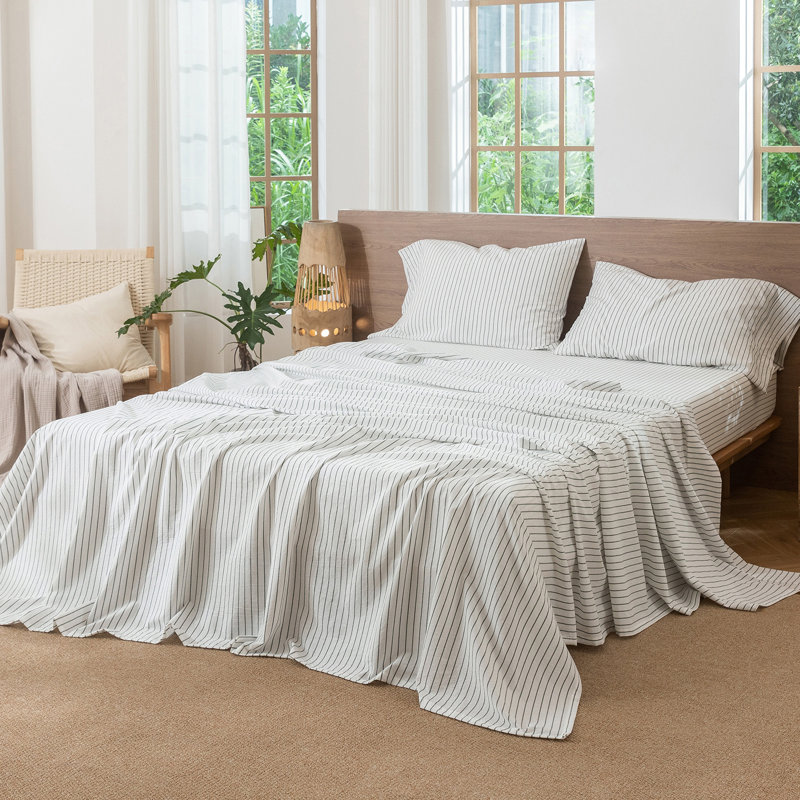 Moomee Striped Flat Sheet 100% Washed Cotton Linen Like Textured Breathable Lightweight, King Flat Sheet