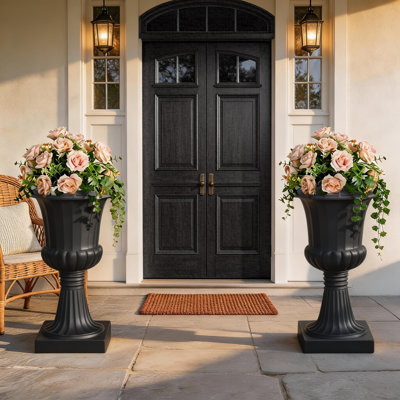4 pots de fleurs classiques pour urne, grandes jardinières en plastique pour urnes de 19,7 pouces de hauteur, vases à fleurs sur pied, pots à plantes en résine grecque pour porte de véranda de jardin, noir