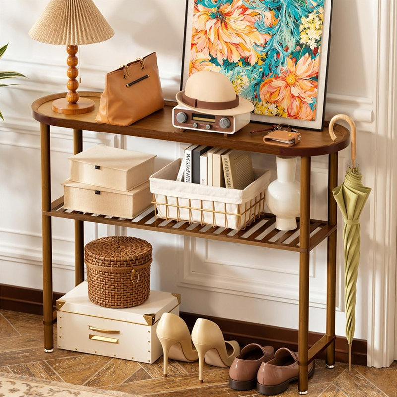 Console de style champêtre en bambou avec plateau ovale, rebord surélevé anti-chute, rangement à 2 niveaux, table d'appoint étroite pour canapé ou entrée, noyer foncé