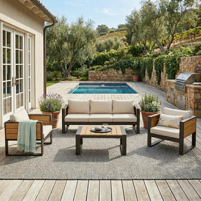 4-Piece Outdoor Patio Conversation Set for 5 — 3-Seat Sofa + 2 Armchairs + Slatted Coffee Table, Aluminum Frame & WPC Accents, Fold-Out Side Tables, Grey Removable Cushions