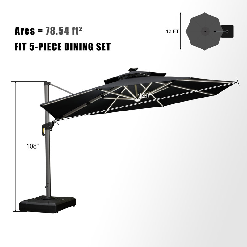 Parasol lumineux rond 12 pi Senner, noir, Noir