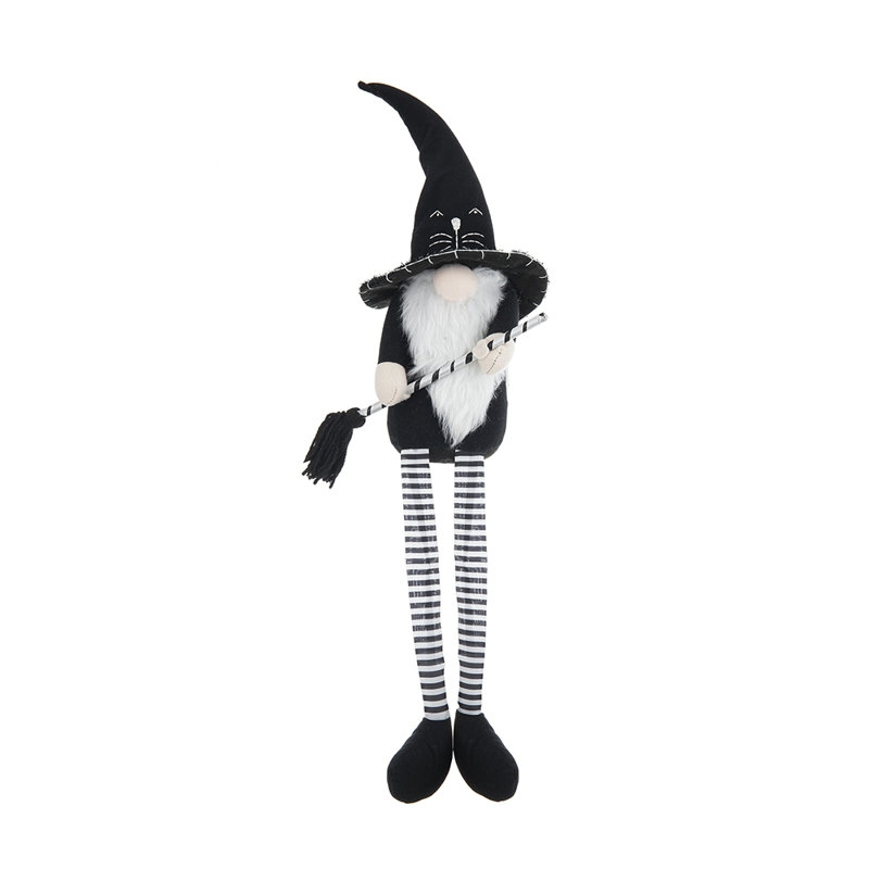 Décoration d'Halloween gnome noir en tissu 26,8 po de hauteur - conçu par Bruce avec un balai et de longues pattes
