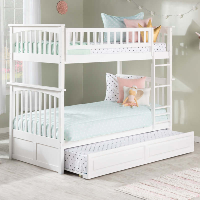 Flinn Solid Wood Bunk Bed with Built-In Ladder , Trundle Bed Included, Twin over Twin, White