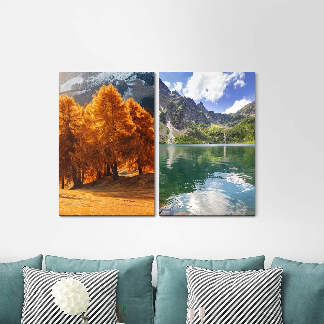 2-tlg. Leinwandbilder-Set - Fotografie „Trees Mountains Lake Summer Warm Calming Relax”