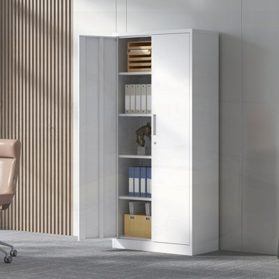 Armoire de rangement en métal pour le garage, armoire verrouillable en acier à outils blanc avec portes et 4 tablettes réglables, armoires hautes pour systèmes de rangement de garage