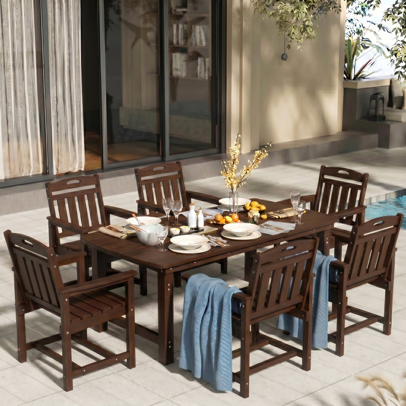 7-Piece 6-Person Rectangular Long Patio Dining Set With Umbrella Hole, Brown