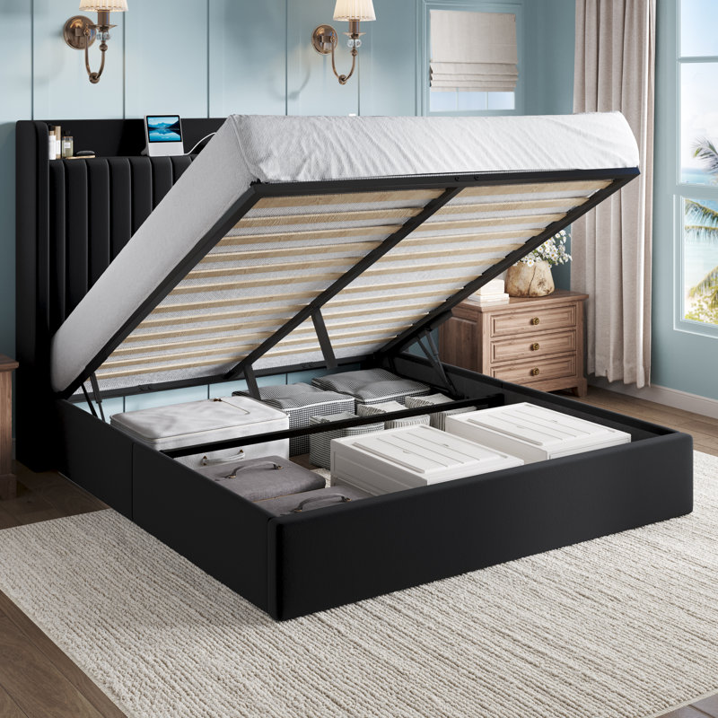 Hydraulic Lift Up Storage Upholstered Platform Bed With Shelf And Charging Station, Black, Queen