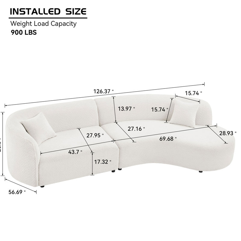 Revêtement de luxe blanc de style moderne en forme de boucle blanche avec méridienne courbée avec méridienne 2, rembourrage élevé et style design, blanc, canapé, 2, support à ressorts souples, sièges confortables