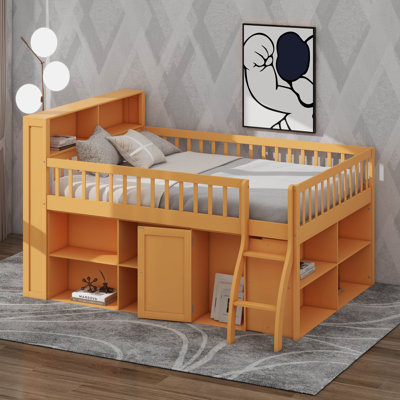 Low Loft Bed With Storage Shelves And Headboard With Light