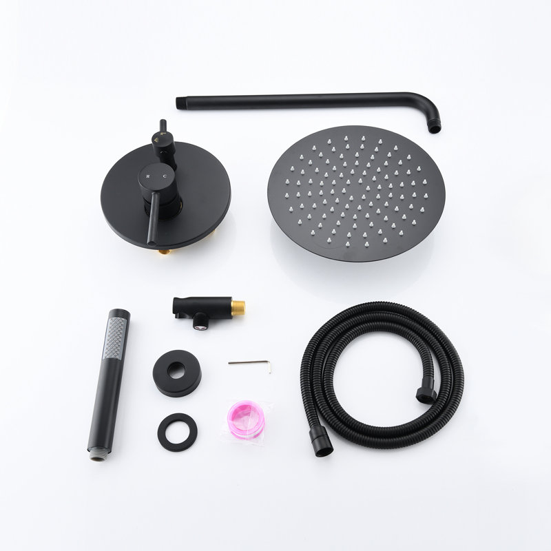 Douche murale avec pomme de pluie de 10 po et poche - noir mat. Valve d'équilibrage, support réglable, joint rotatif 360 °, corrosion. Débit de 1,8 gallon par minute, type double, tuyau américain compatible noir et noir