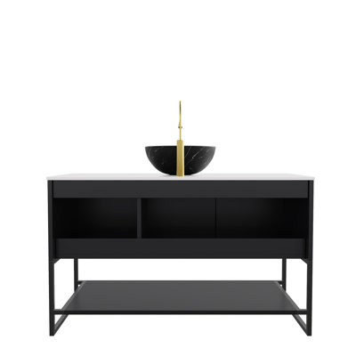 48" Bathroom Vanity&Sink, Freestanding Bathroom Storage Cabinet with 3 Doors&Open Shelf, Black Bowl Ceramic Basin with Stone Pattern and Carrara White Sintered Stone Countertop