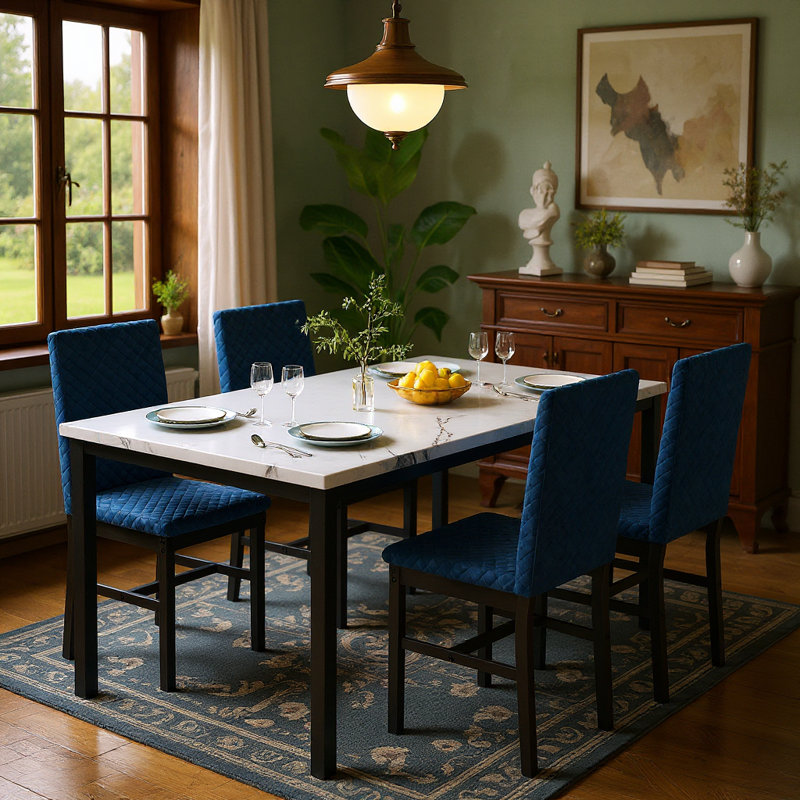 Ensemble de table de salle à manger 5 pièces en faux marbre avec 4 chaises, Blue, Blanc