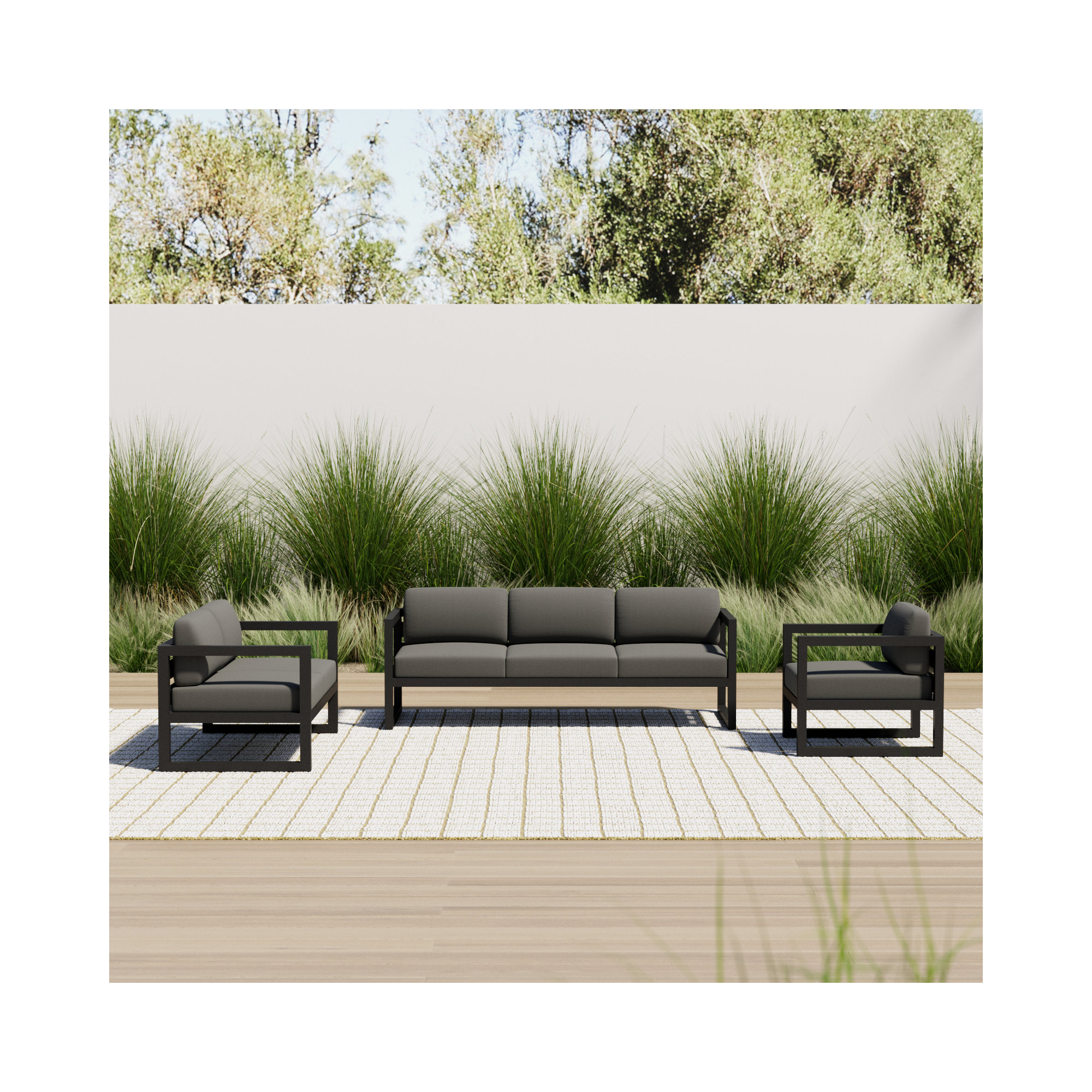 Smith 3 Piece Sofa Seating Group with Sunbrella® Cushions, Canvas Charcoal, Black