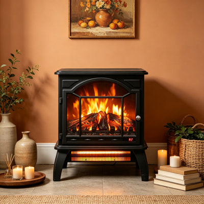 18 Inch Electric Infrared Quartz Fireplace Stove with 3D Flame Effect, Freestanding Fireplace Heater with Remote Control for Indoor Use, Antique Black[Solid‑Black Interior]