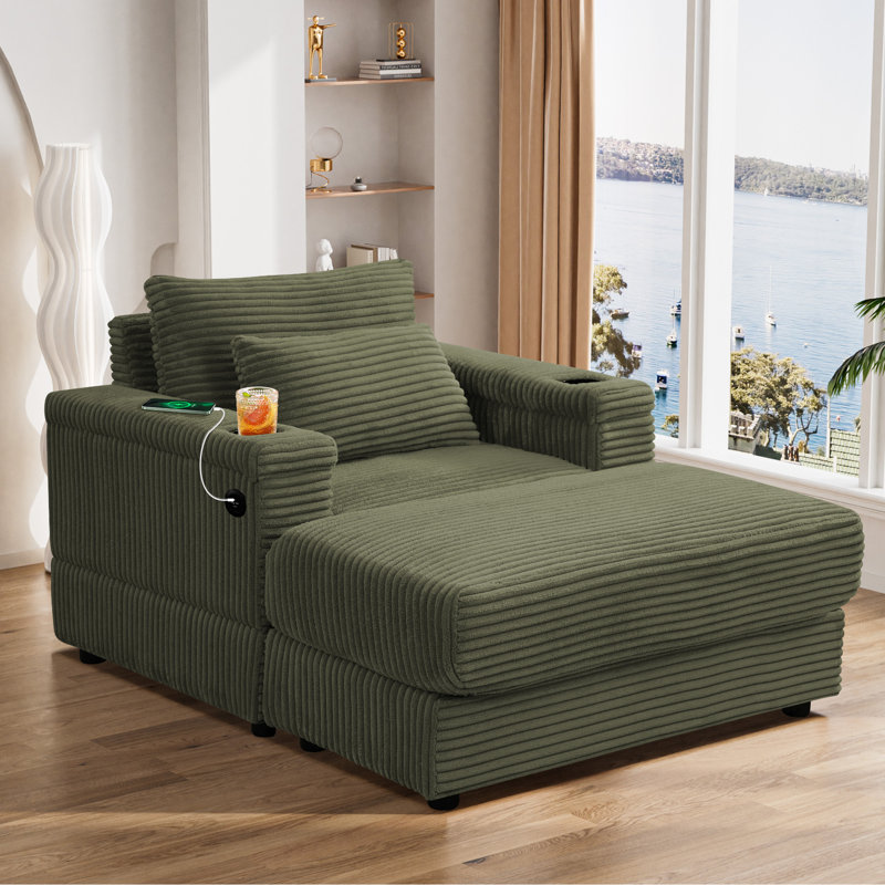 40" Oversized Corduroy Lounge Chair and Ottoman Set with Cup Holders and USB, Olive Green Corduroy
