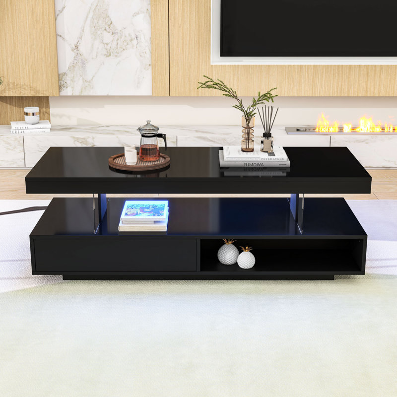 Latitude Run® Coffee Table with Adjustable Lights, 2 Drawers and Open ...