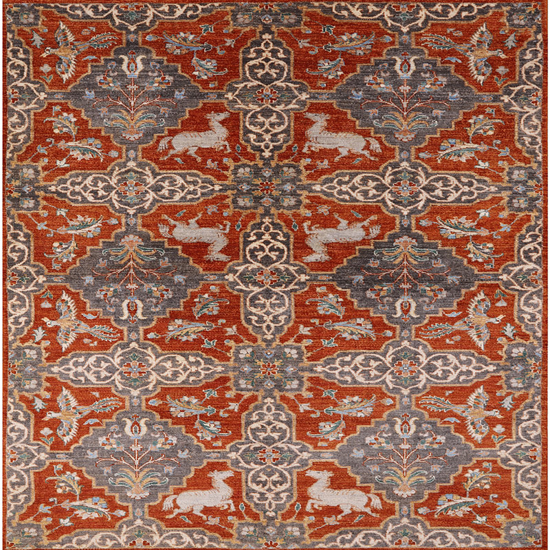 Tapis géométrique rouille / gris / beige, Carré 4 pi