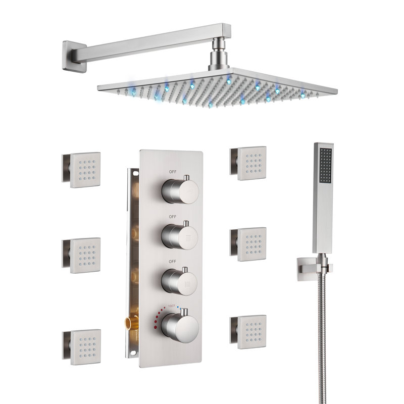3-Function LED Light Thermostatic Rainfall Shower System with 6 Body Jets and Rough-in Valve, Brushed Nickel