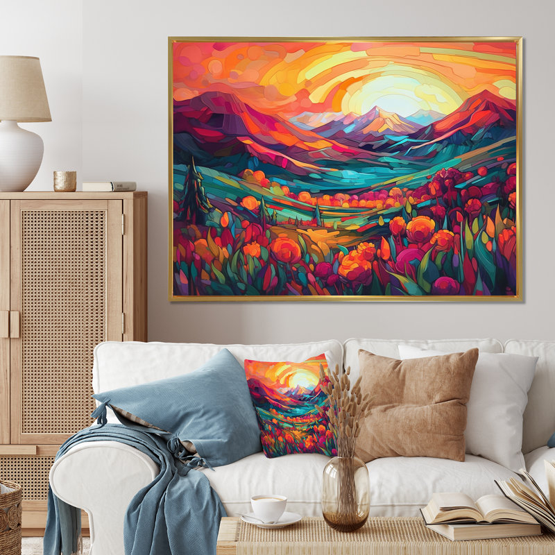 «Vibrant Sunset Shining Over Mountains I», art sur toile, H 16 po x l 32 po x P 1 po, Cadre flottant doré