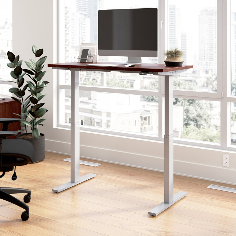 Adjustable Metal Base Standing Desk, 47.68" H x 47.59" W x 23.62" D, Hansen Cherry/Silver