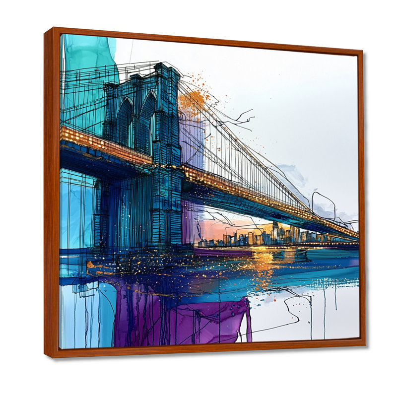 «Ladarren Abstract Brookyln Bridge In Aqua Reflection», art mural de New York, H 30 po x l 30 po, Brun