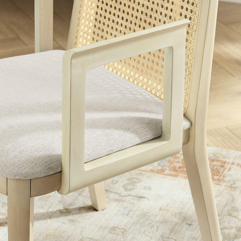Antique White Rattan and Cane Arm Chair with Padded Seat