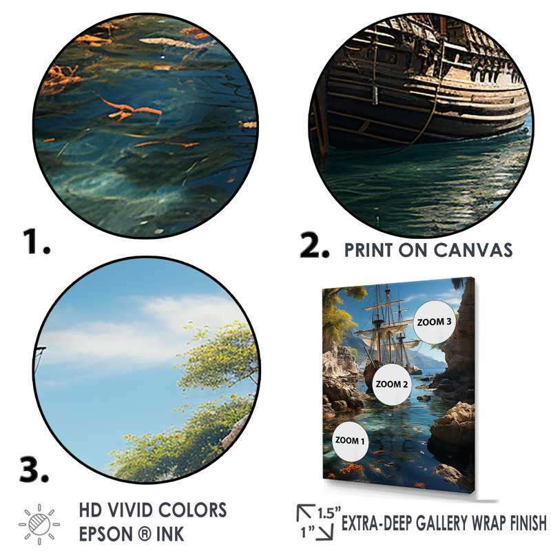 Bateau pirate tropical caché sur toile, Encadrement doré, H 32 po x l 16 po x P 1 po