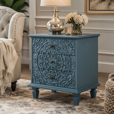 Carved Wood Nightstand with 3 Drawers, Vintage Scrollwork Embossed Accent Chest, Farmhouse Storage Cabinet Side End Table