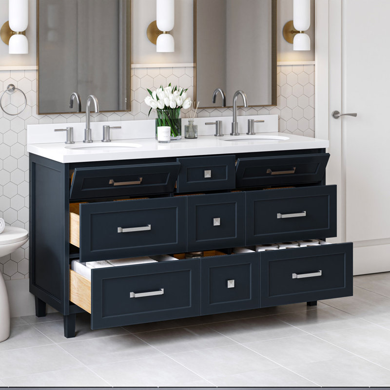 ARIEL Monroe 72 Double Sink Bathroom Vanity with Carrara Quartz Top, Midnight Blue, 66" - 67", Pure White Quartz