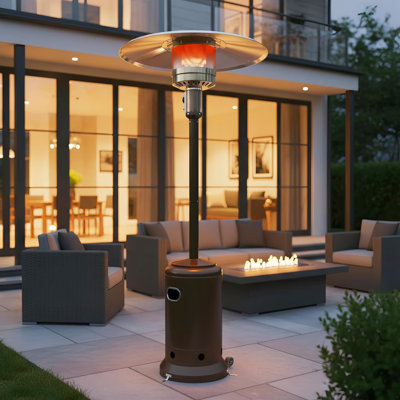 50,000 Btu Propane Standing Patio Heater With Wheels, Auto-Off & Double-Layer Stainless Steel Burner (Brown)
