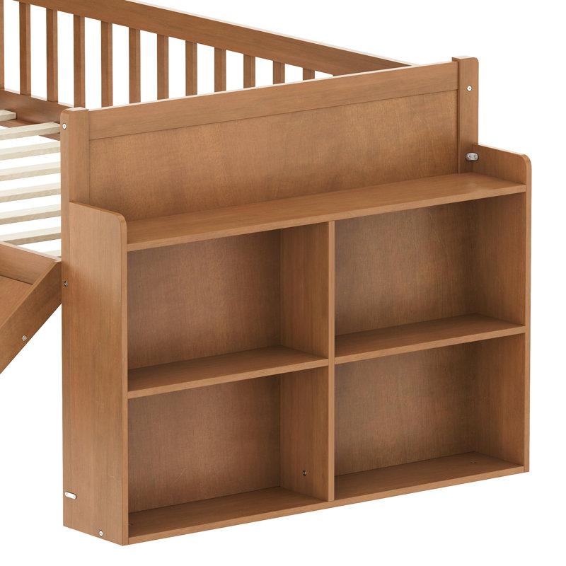 Structure de lit simple avec tablette de rangement, garde-corps plateforme, noyer, glissade et, sans sommier, guide d'assemblage inclus Démontage facile