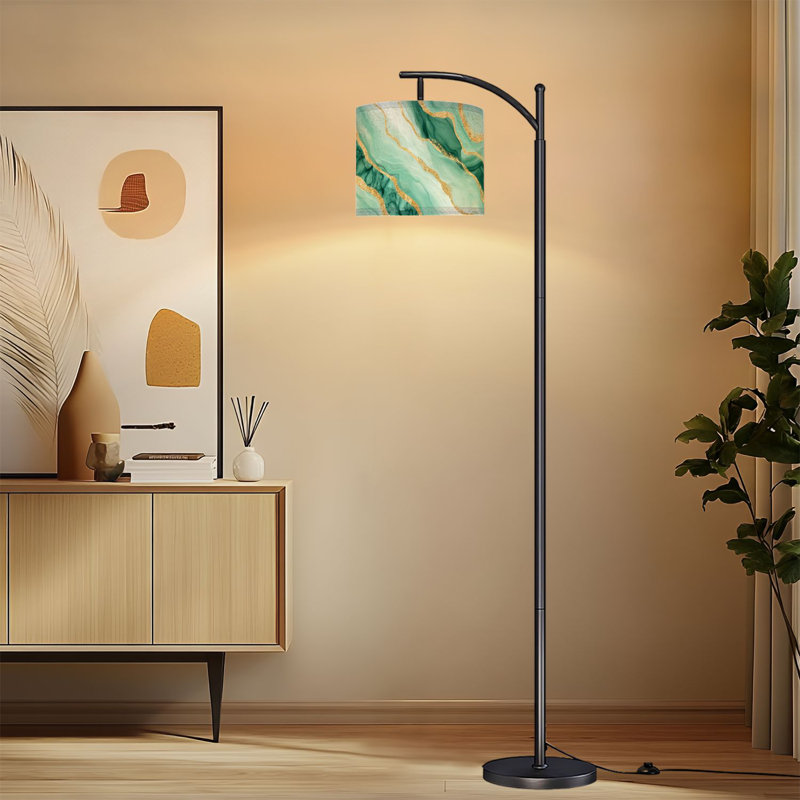 Arc Floor Lamp with Adjustable Lampshade Abstract Green Marble Golden Accents White Veins Standing Lamp 3 Colour Temperatures Dimmable Tall Pole Lamp with Foot Switch for Bedroom