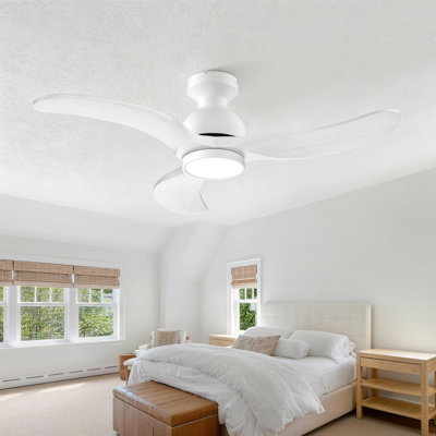 Ventilateur de plafond en bois intelligent à 3 pales de 42 po avec lumière et télécommande, à intensité variable 3 couleurs, moteur à courant continu réversible, encastré ou suspendu, blanc