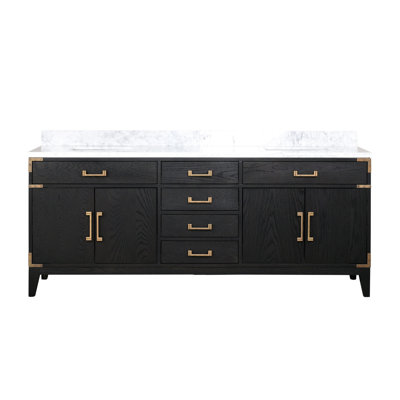 Black Oak Double Bath Vanity 80 In. Width, With Sealed, Hand - Finished And Pre Drilled For Easy Faucet Fit Marble Top, Solid Wood Structure, Soft Closing Storage Shelves W X 22 D Polished Frame,