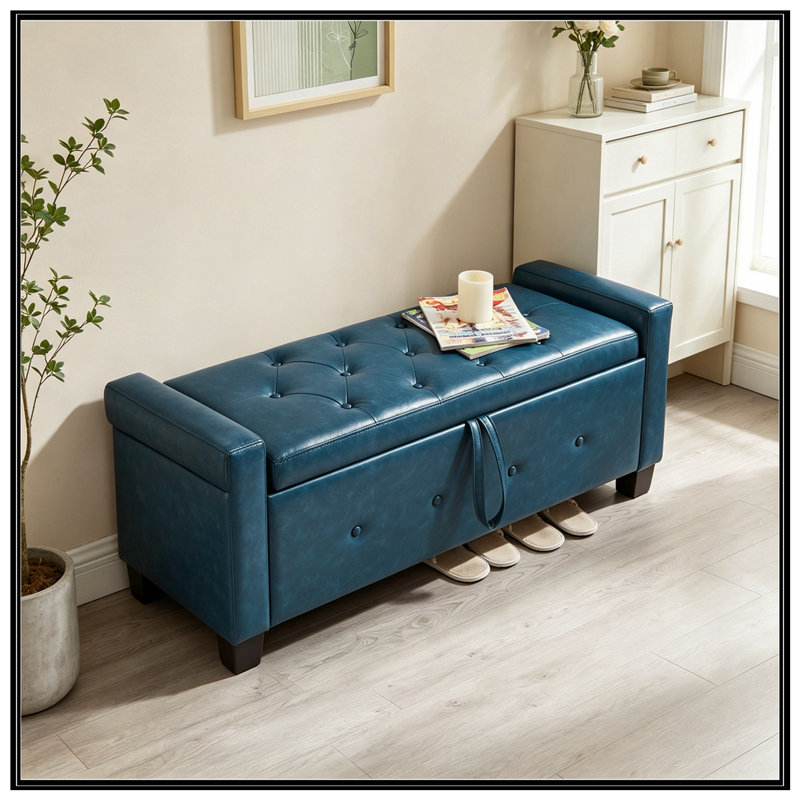 Banc rembourré capitonné avec rangement, Bleu