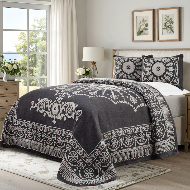 Alistair Lightweight Cotton Blend Jacquard Traditional Medallion Bedspread Set, Charcoal, Twin Coverlet +1 Sham