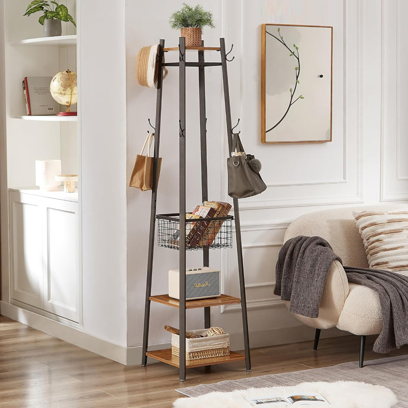 Industrial Style Freestanding Coat Rack: Hall Tree with Storage Shelves, Metal Basket & 8 Hooks, Vintage Brown