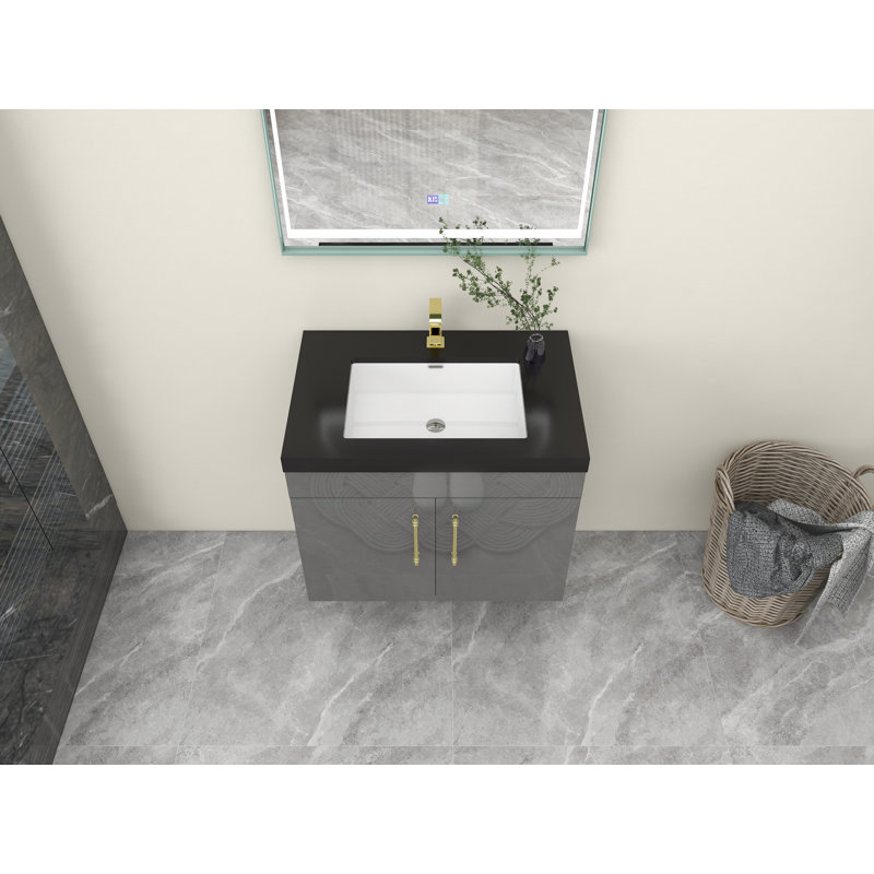Ensemble de meuble-lavabo mural simple 30 po Camonte, Or mat, Gris ultrabrillant