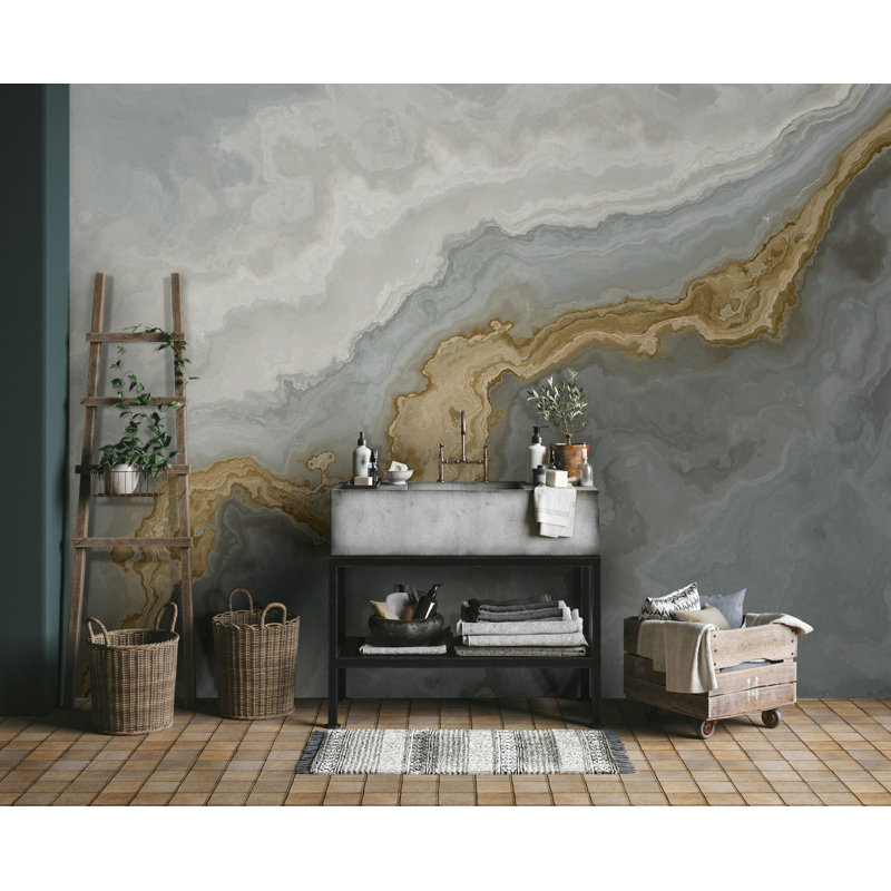Papier peint marbre gris avec veines dorées abstraites, L 115 po x l 225 po