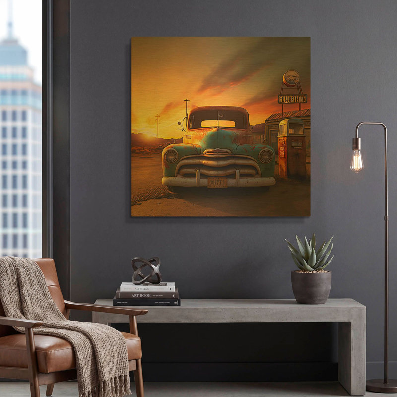 « Route 66 3 » de Ray Heere, tableau mural en métal doré, 91,4 cm x 91,4 cm, 36 po x 36 po