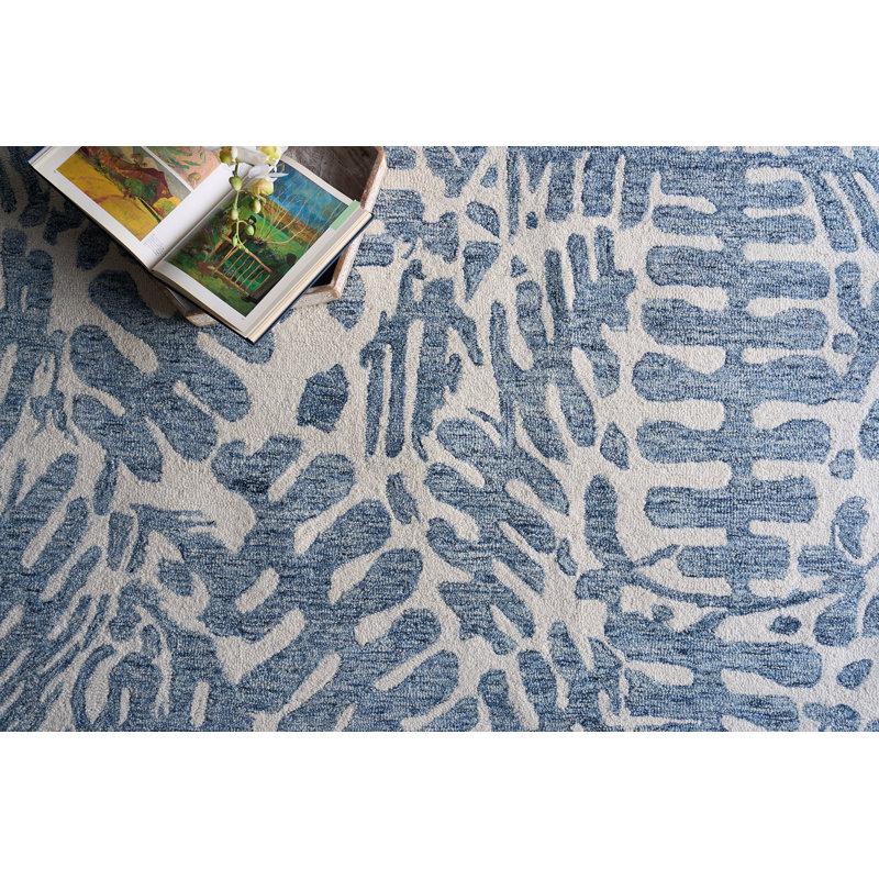 Botanica Blue/Ivory New Zealand Wool hand-tufted Area Rug, Rectangle 9' x 12', Blue/Ivory