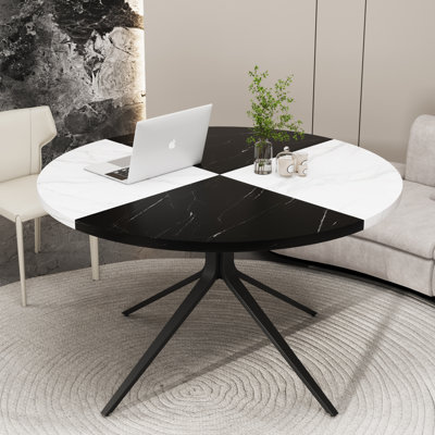 47” Faux Marble Round Dining Table for 4-6 Person, Modern Wooden Kitchen Table with Black Steel Legs, Circle Coffee Table for Kitchen, Diner Room, Black + White Marble