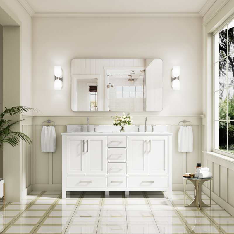 Meuble-lavabo autoportant en bois massif l 60 po x H 35 po avec comptoir en marbre de culture blanc de Carrare et double lavabo en céramique, blanc